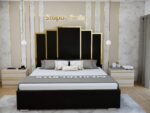 Angel black velvet upholstered strip bed with tall panelled headboard