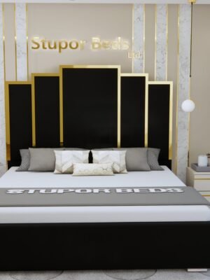 Angel black velvet upholstered strip bed with tall panelled headboard