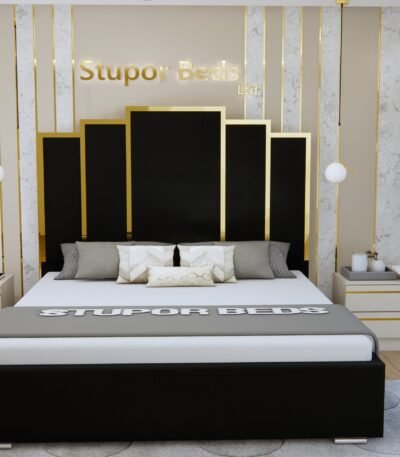 Angel black velvet upholstered strip bed with tall panelled headboard