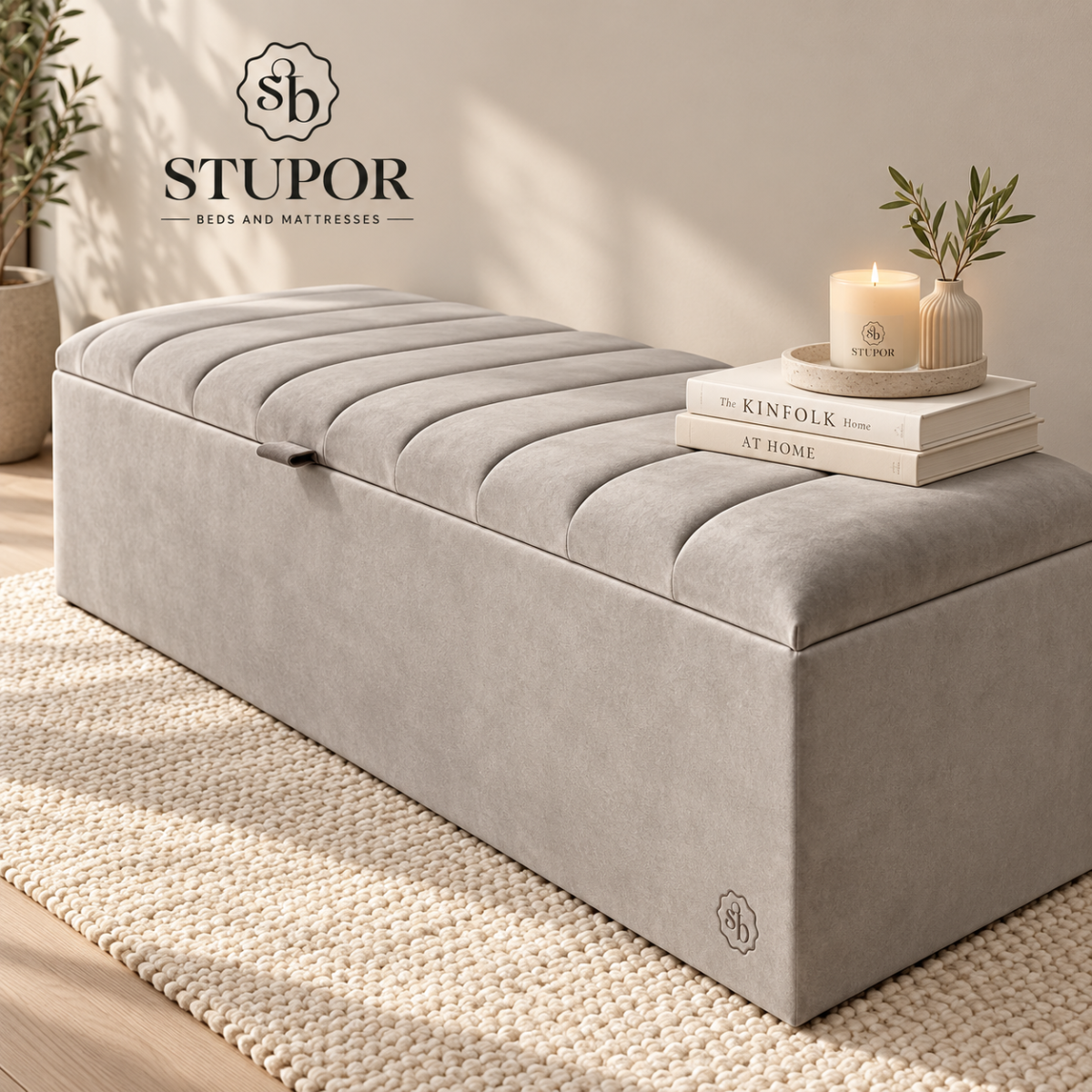 Luxury Greige Storage Bench Lifestyle Scene Ottoman Box 4 - Image 1