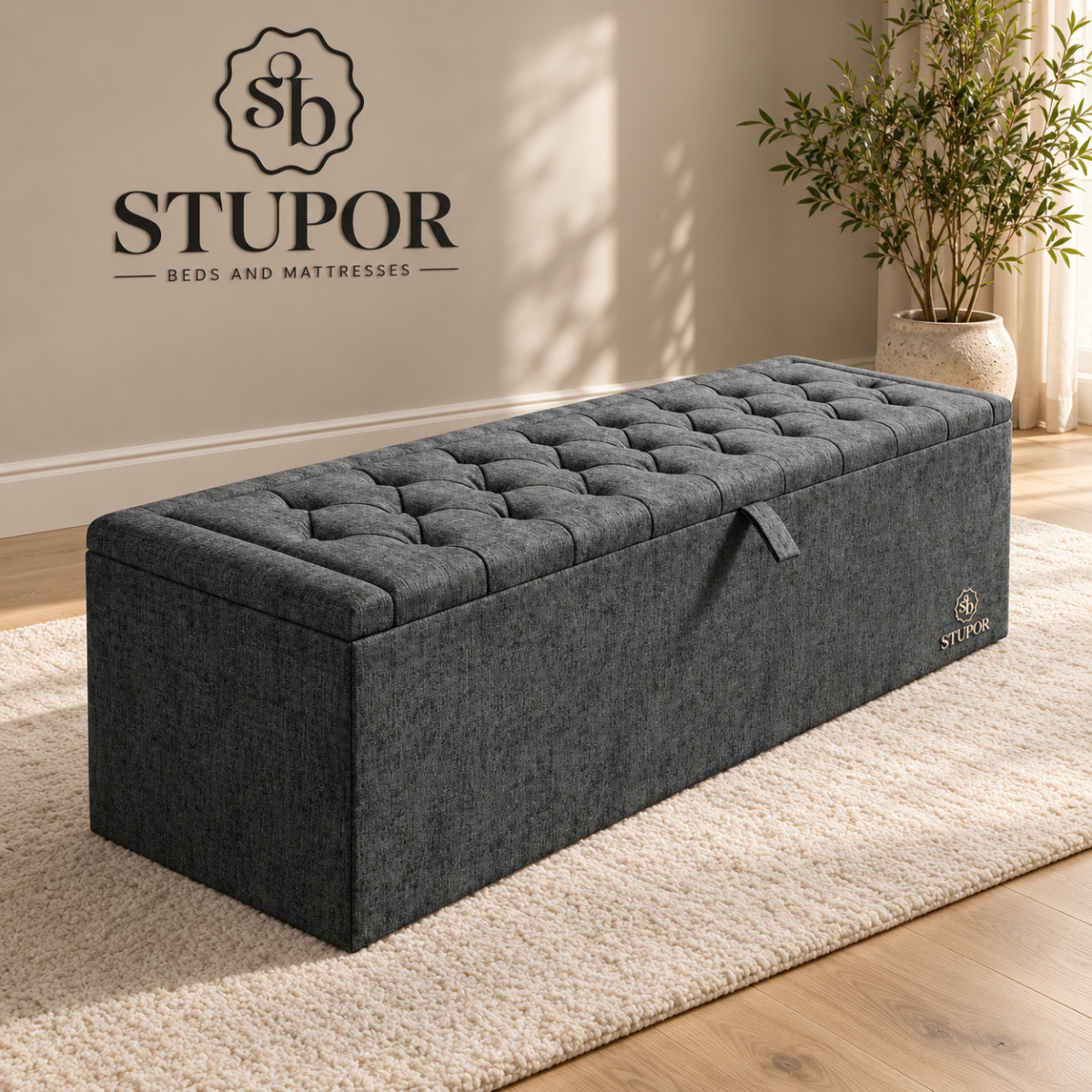 STUPOR Charcoal Tufted Storage Bench Ottoman Box 10 - Image 1